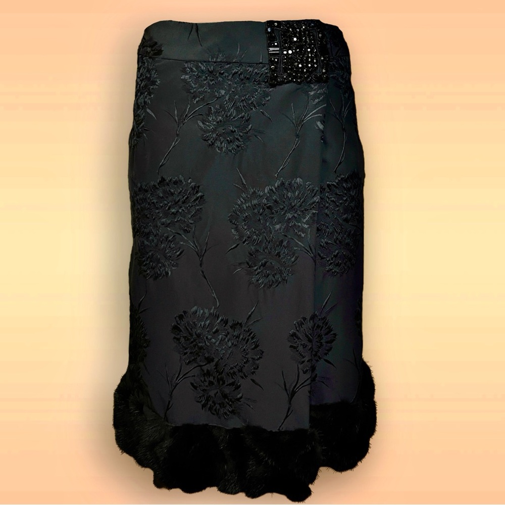 J. Mendel Vintage Y2K Skirt Black Mink & Floral Brocade Knee Length Size 4 RARE